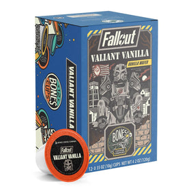 Bones Coffee Fallout Valiant Vanilla pods on box with recyclable packaging and vanilla aroma