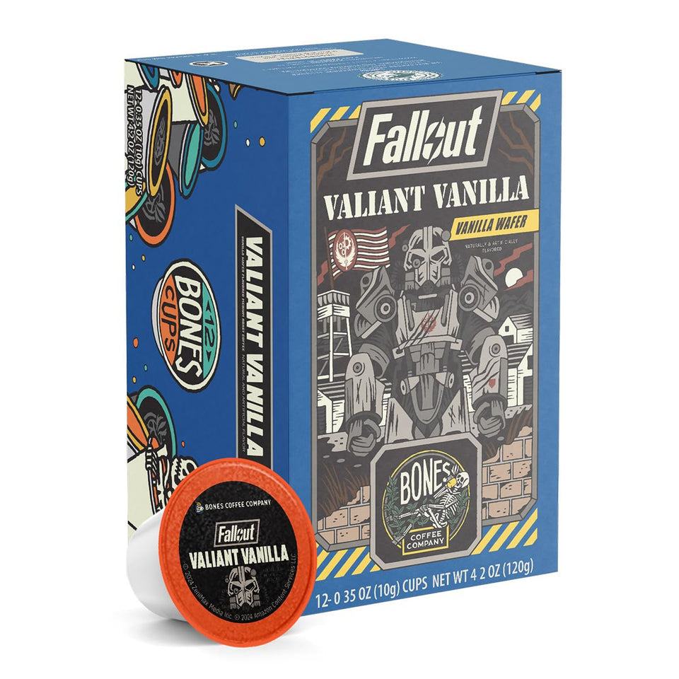 Bones Coffee Fallout Valiant Vanilla pods on box with recyclable packaging and vanilla aroma