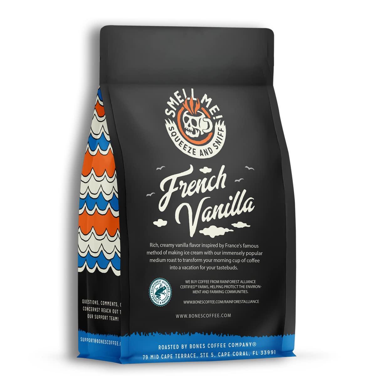 Bones Coffee vanilla cup steaming offers a fragrant, creamy experience.