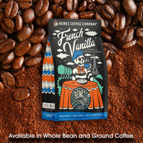 Bones Coffee vanilla ground coffee packet ready for auto drip.