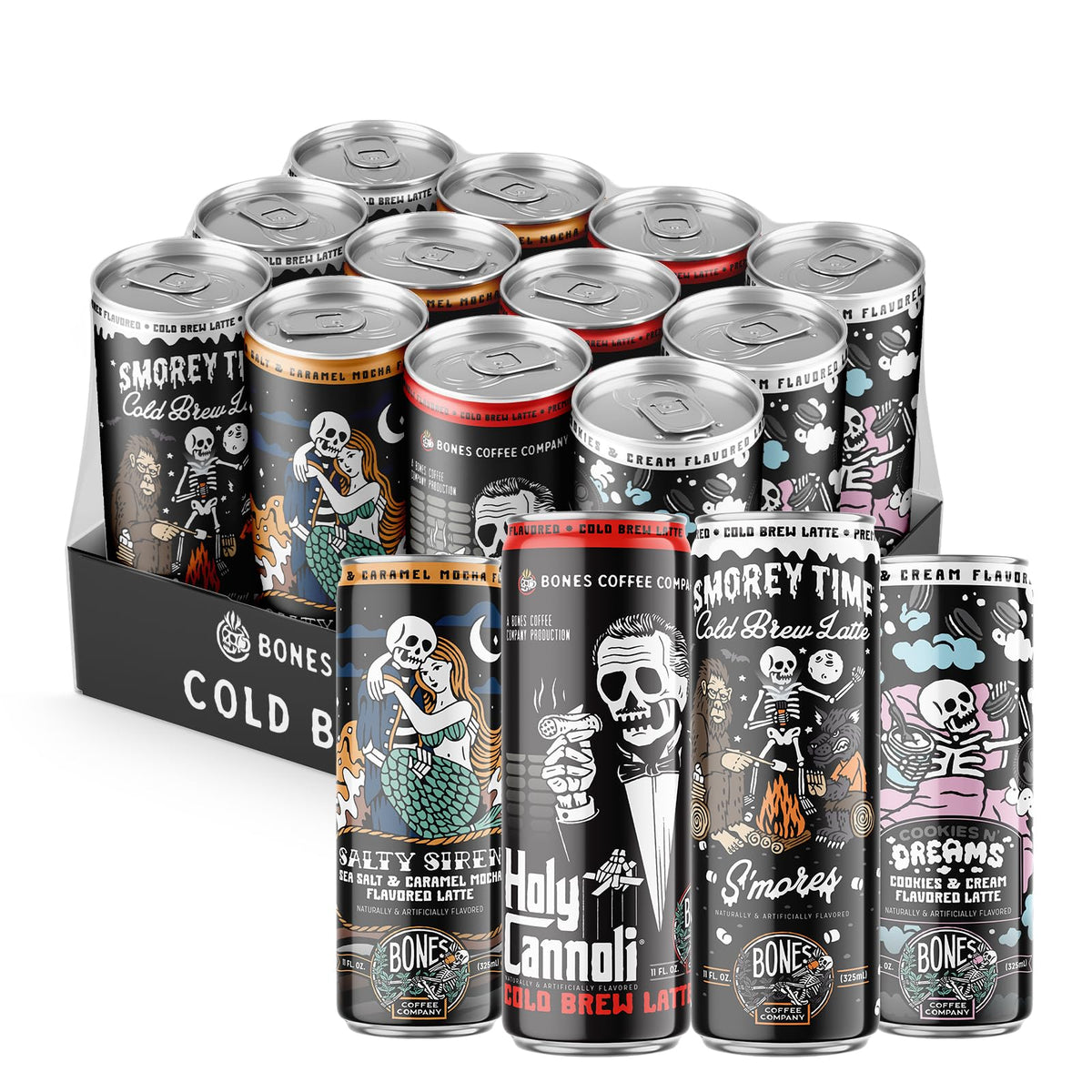 Bones Coffee Variety Pack cans offering assorted flavors for quick tastings on the go.
