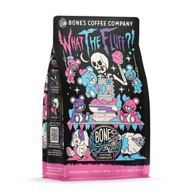 Bones Coffee What the Fluff Berry Cotton Candy bag on table, a fun morning pick-me-up