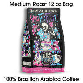 Bones Coffee What the Fluff Berry Cotton Candy grind bag shows options for brewing