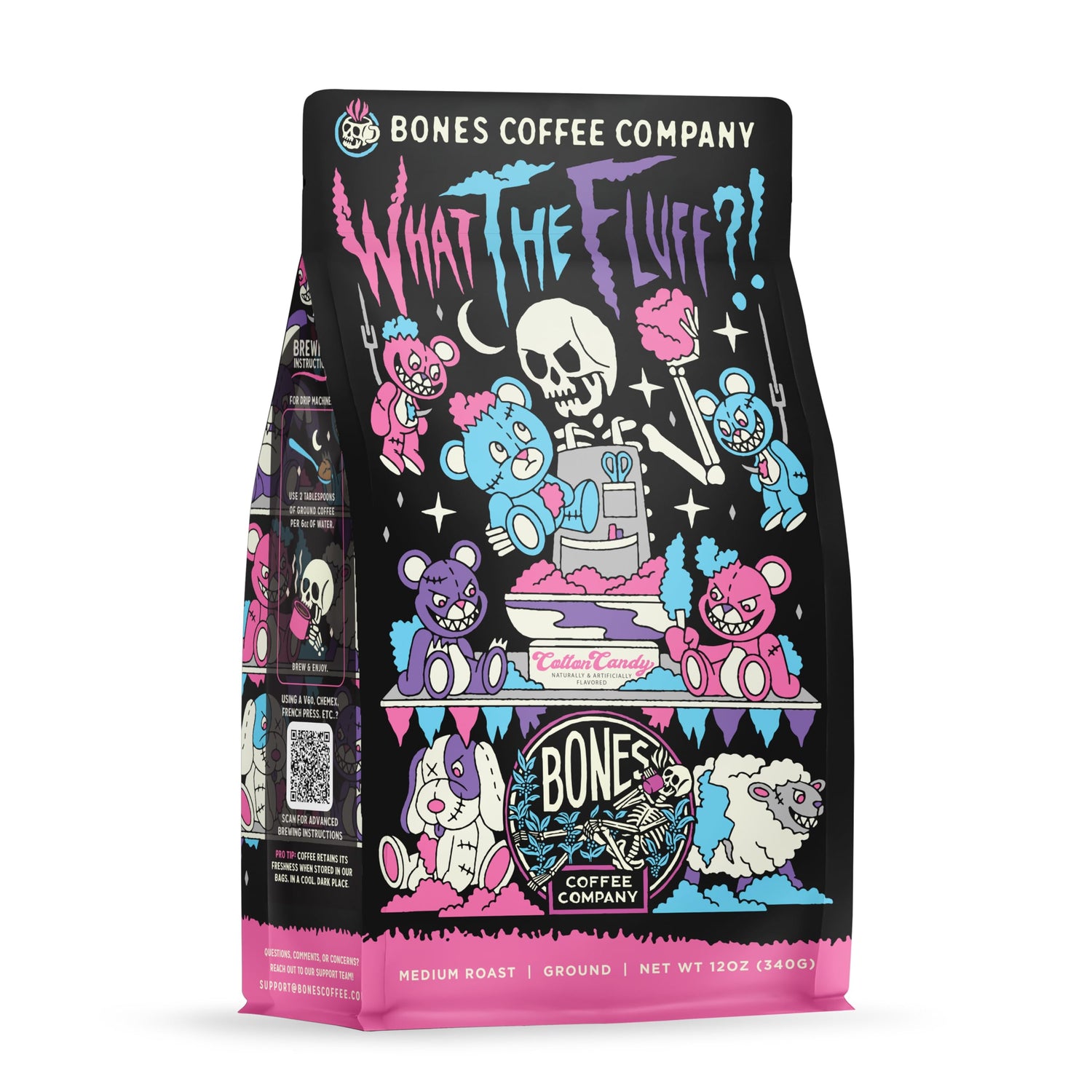 Bones Coffee What the Fluff Berry Cotton Candy ground bag reveals rich aroma for morning rituals.