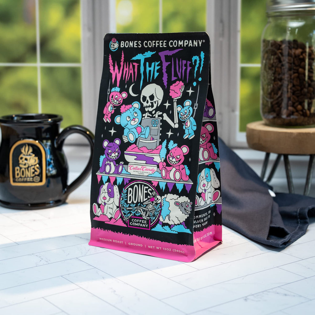 Bones Coffee What the Fluff Berry Cotton Candy resealable pack keeps freshness sealed.