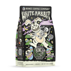 Bones Coffee White Rabbit beans closeup highlights rich aroma and smooth medium roast.