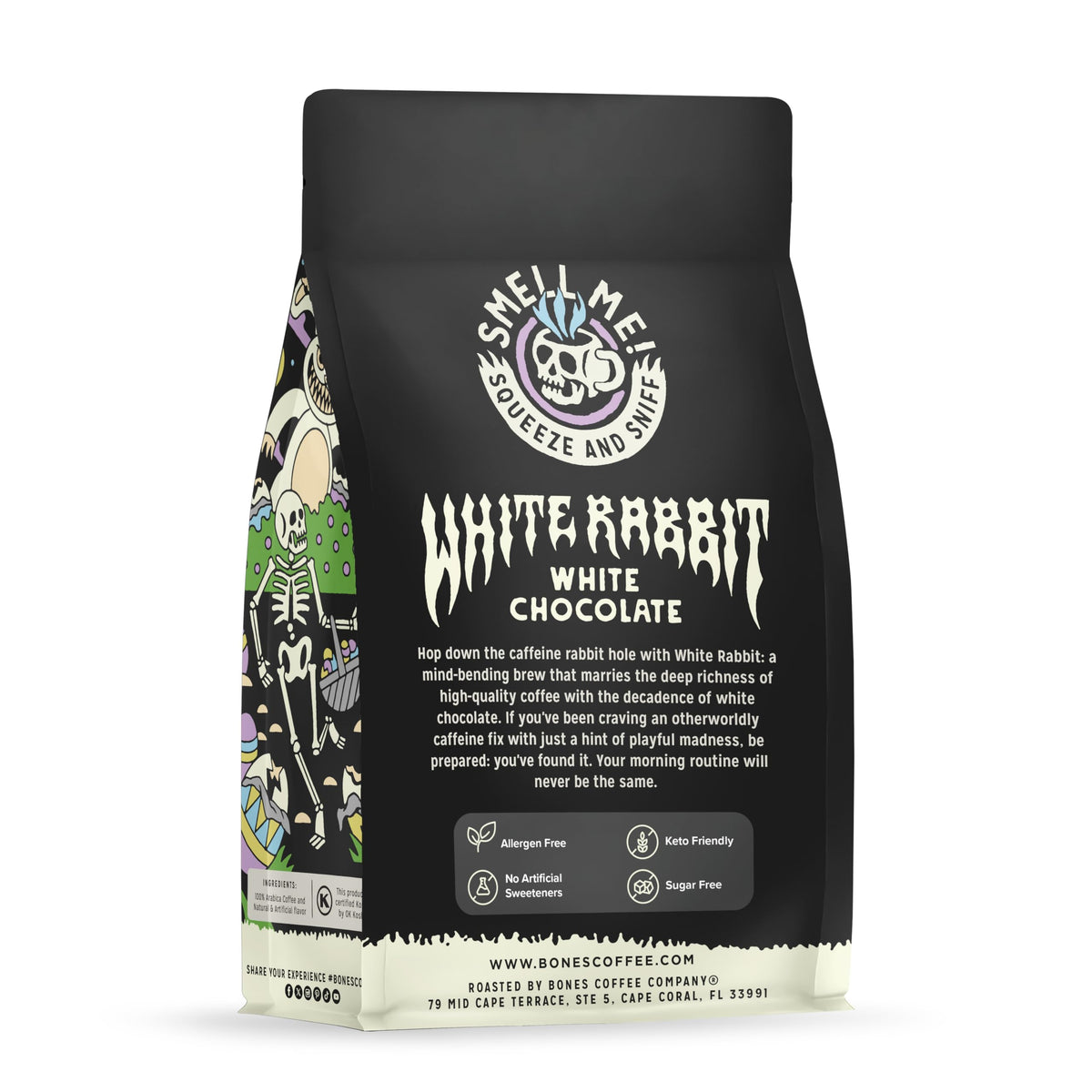 Bones Coffee White Rabbit label close-up highlighting flavor notes.