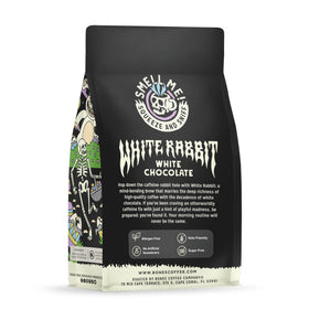 Bones Coffee White Rabbit label close-up highlighting flavor notes.