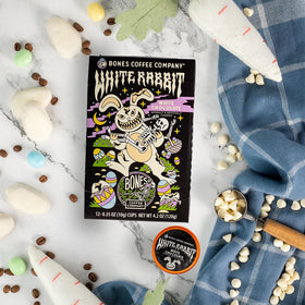 Bones Coffee White Rabbit packaging highlighting the eco-friendly, recyclable pod design.