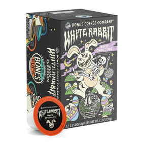 Bones Coffee White Rabbit pods on display, showcasing indulgent white chocolate flavor and convenient single-serve format.