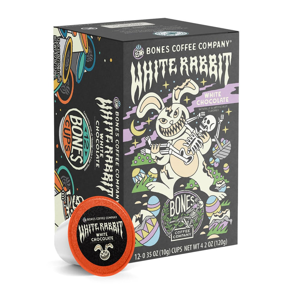 Bones Coffee White Rabbit pods on display, showcasing indulgent white chocolate flavor and convenient single-serve format.