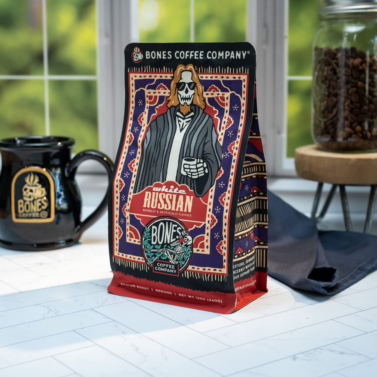 White Russian ground coffee ground for French press or pour-over.