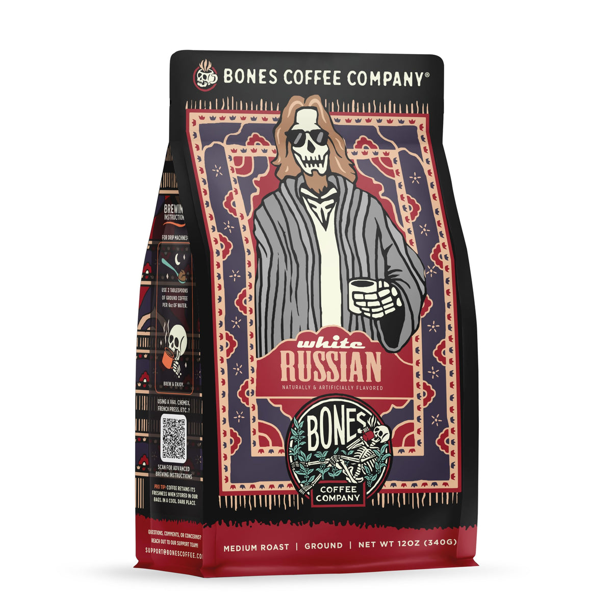 Bones Coffee Company White Russian bag pouring, bold flavored coffee at home