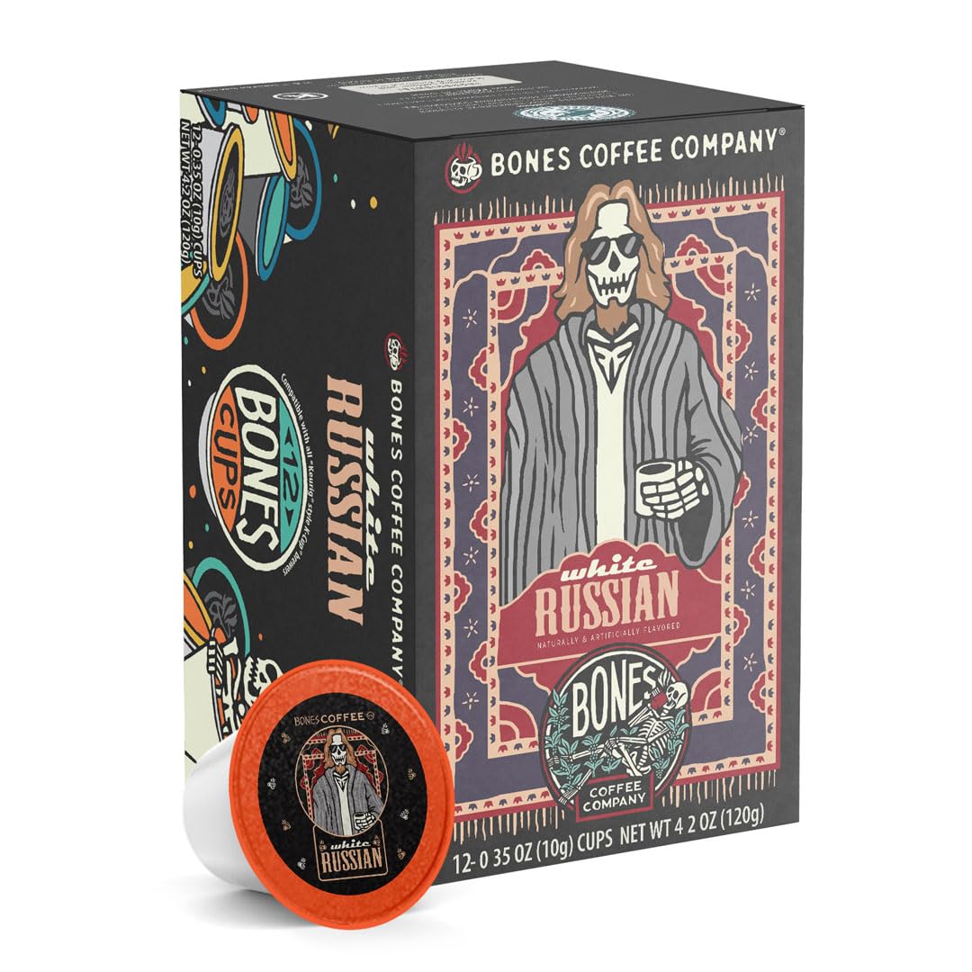 Bones Coffee White Russian pods-pack on shelf offering a creamy indulgence.