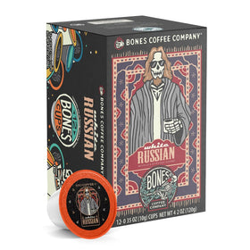 Bones Coffee White Russian pods-pack on shelf offering a creamy indulgence.