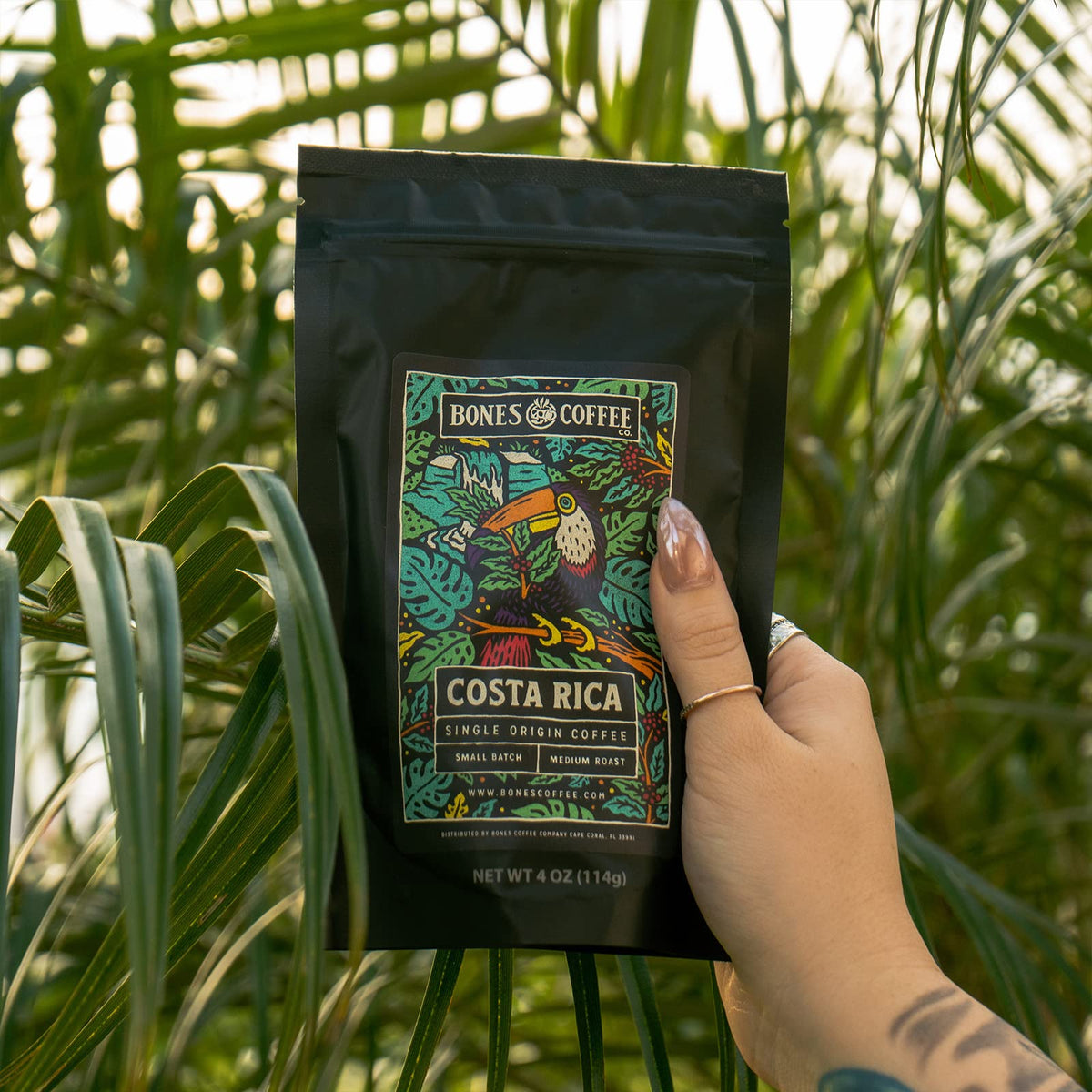 Bones Coffee World Tour Colombia bag emphasizing balanced sweetness for versatile morning cups.