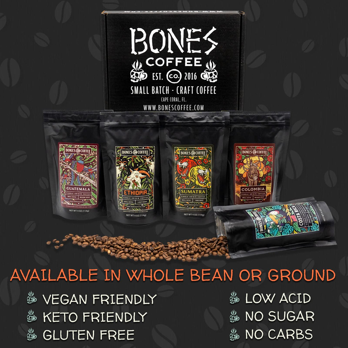 Bones Coffee World Tour Costa Rica bag showcasing bright notes for pour-over enjoyment.