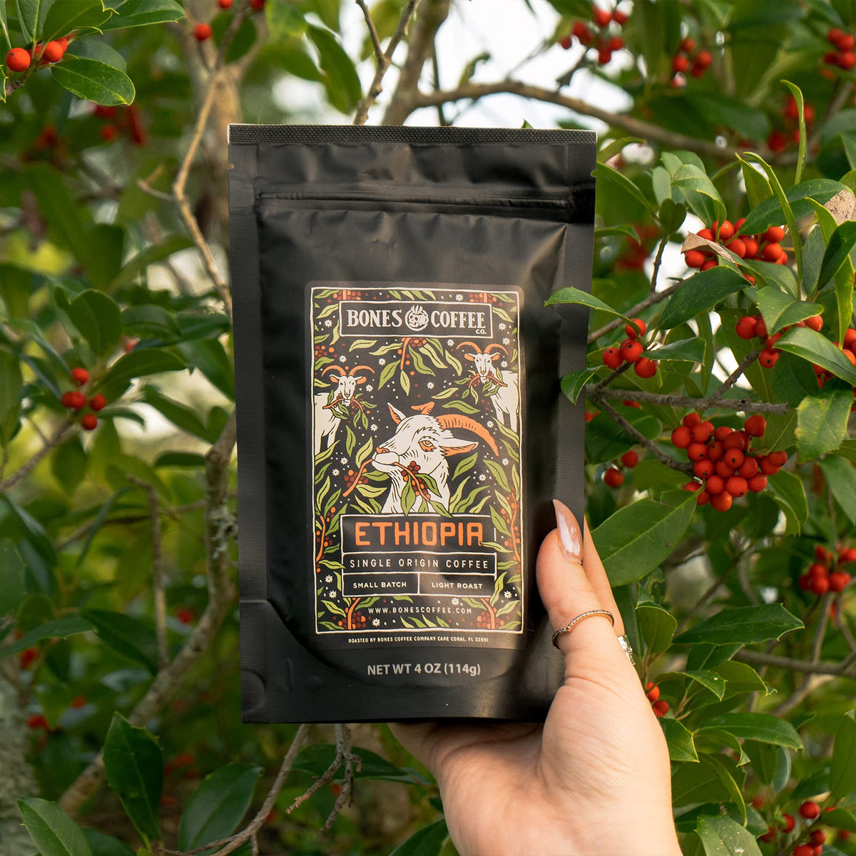 Bones Coffee World Tour Ethiopia bag featuring floral aroma for fragrant drip or pour-over.