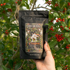 Bones Coffee World Tour Ethiopia bag featuring floral aroma for fragrant drip or pour-over.
