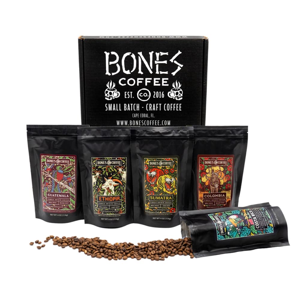 Bones Coffee World Tour Sumatra bag highlighting bold single-origin flavor for robust brew.