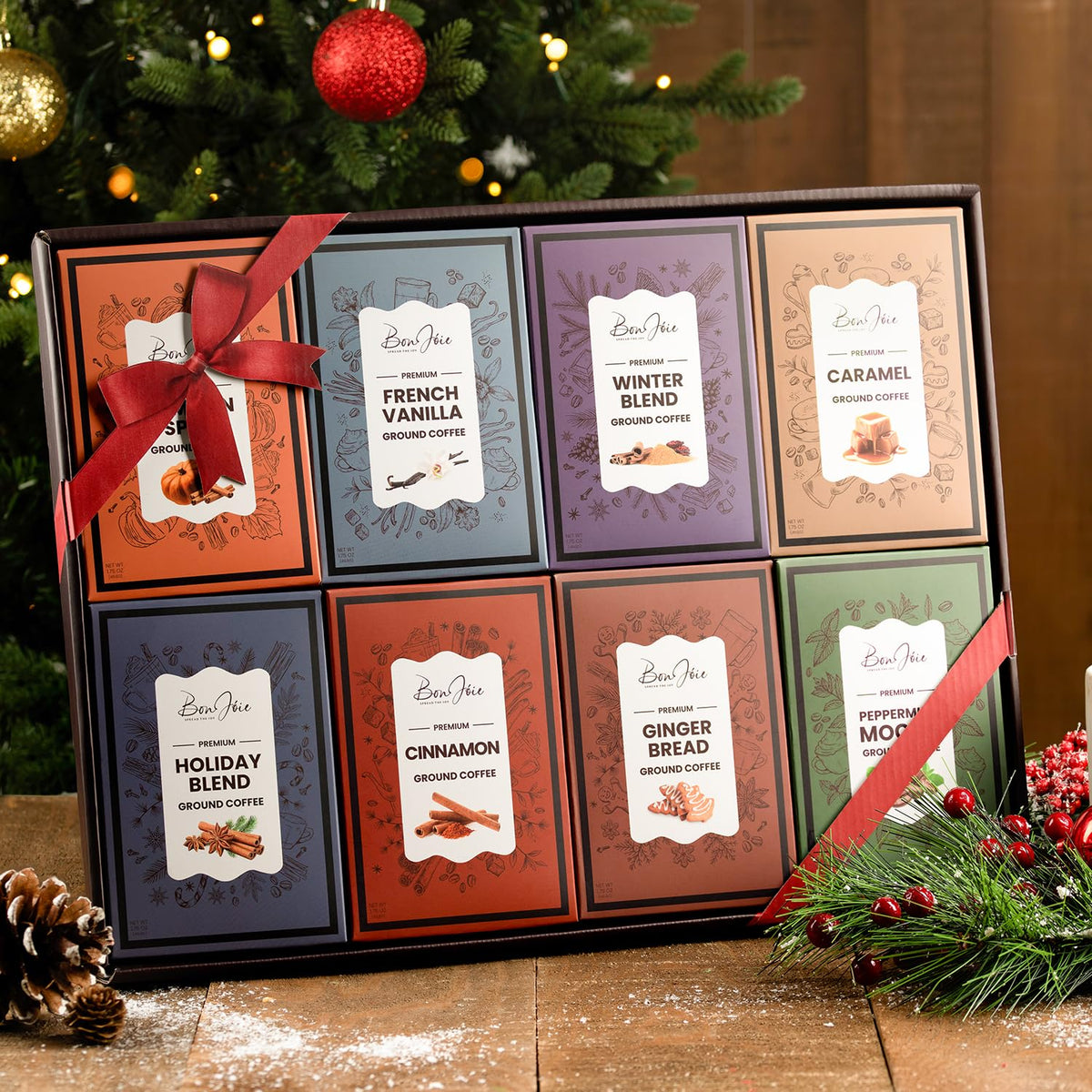 BonJoie holiday season coffee gift basket with sealed packets preserves freshness.