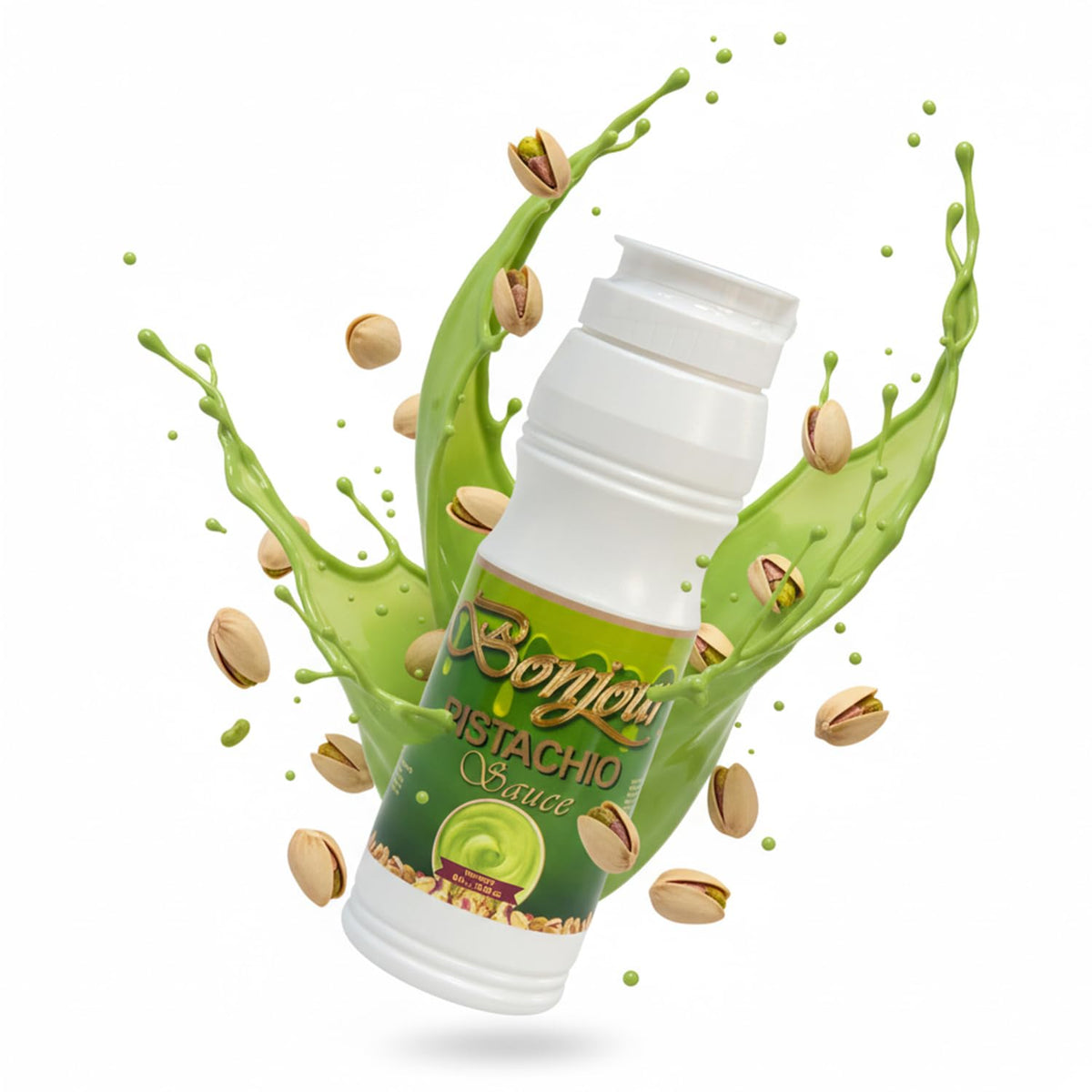 Bonjour Pistachio Cream Sauce bottle showing silky texture for rich desserts.