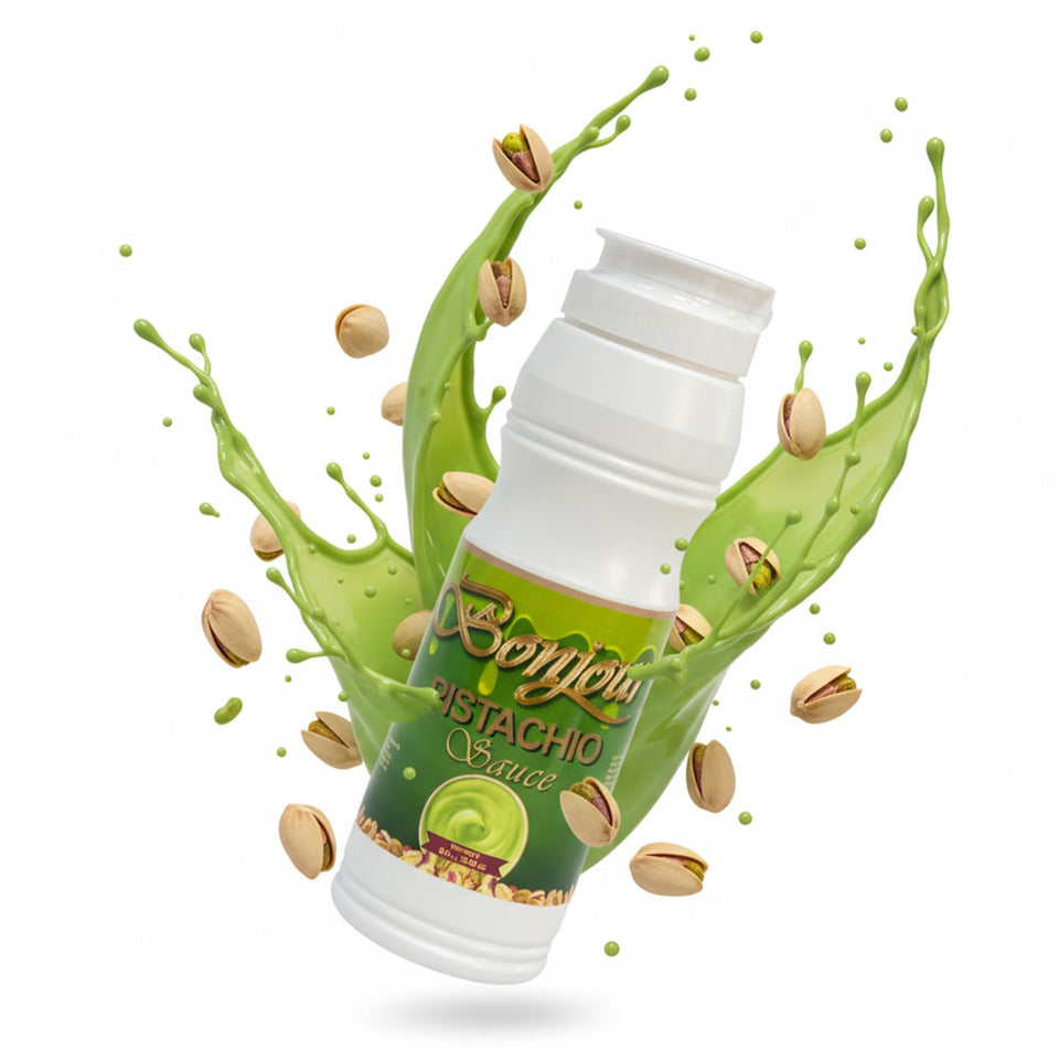 Bonjour Pistachio Cream Sauce bottle showing silky texture for rich desserts.