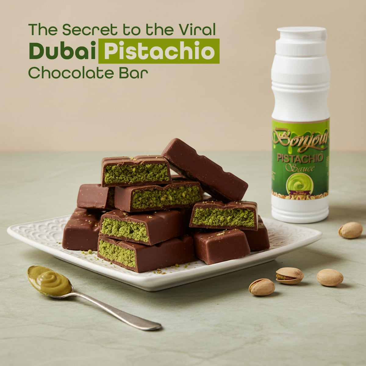 Bonjour Pistachio Cream Sauce Dubai chocolate pairing suggests luxurious, silky chocolate bars.