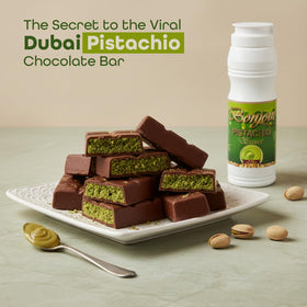Bonjour Pistachio Cream Sauce Dubai chocolate pairing suggests luxurious, silky chocolate bars.