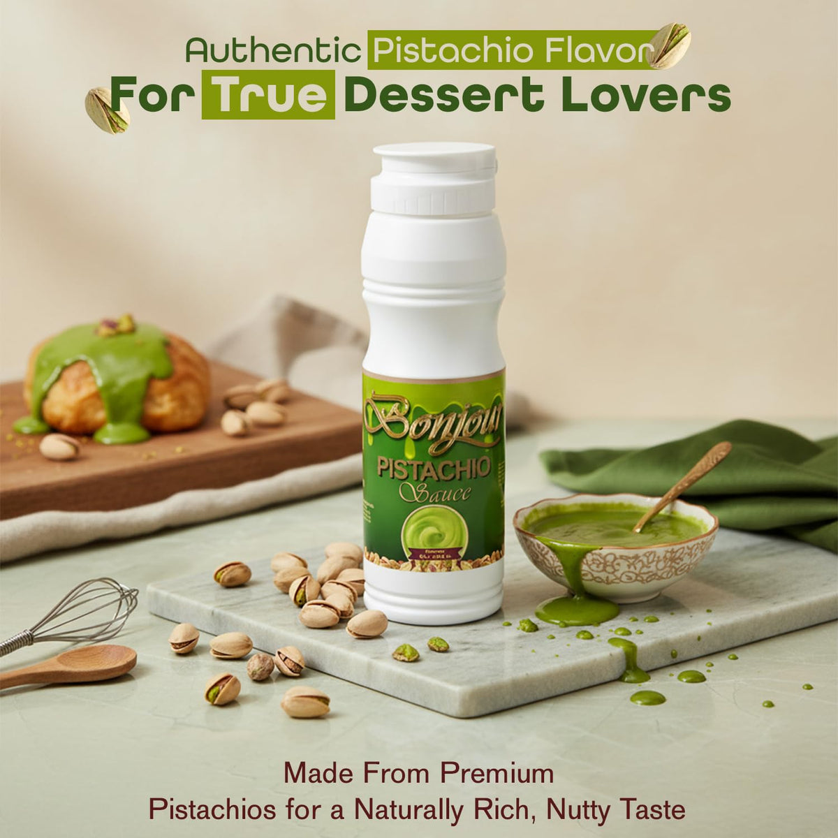 Bonjour Pistachio Cream Sauce latte topping offers creamy, balanced flavor.