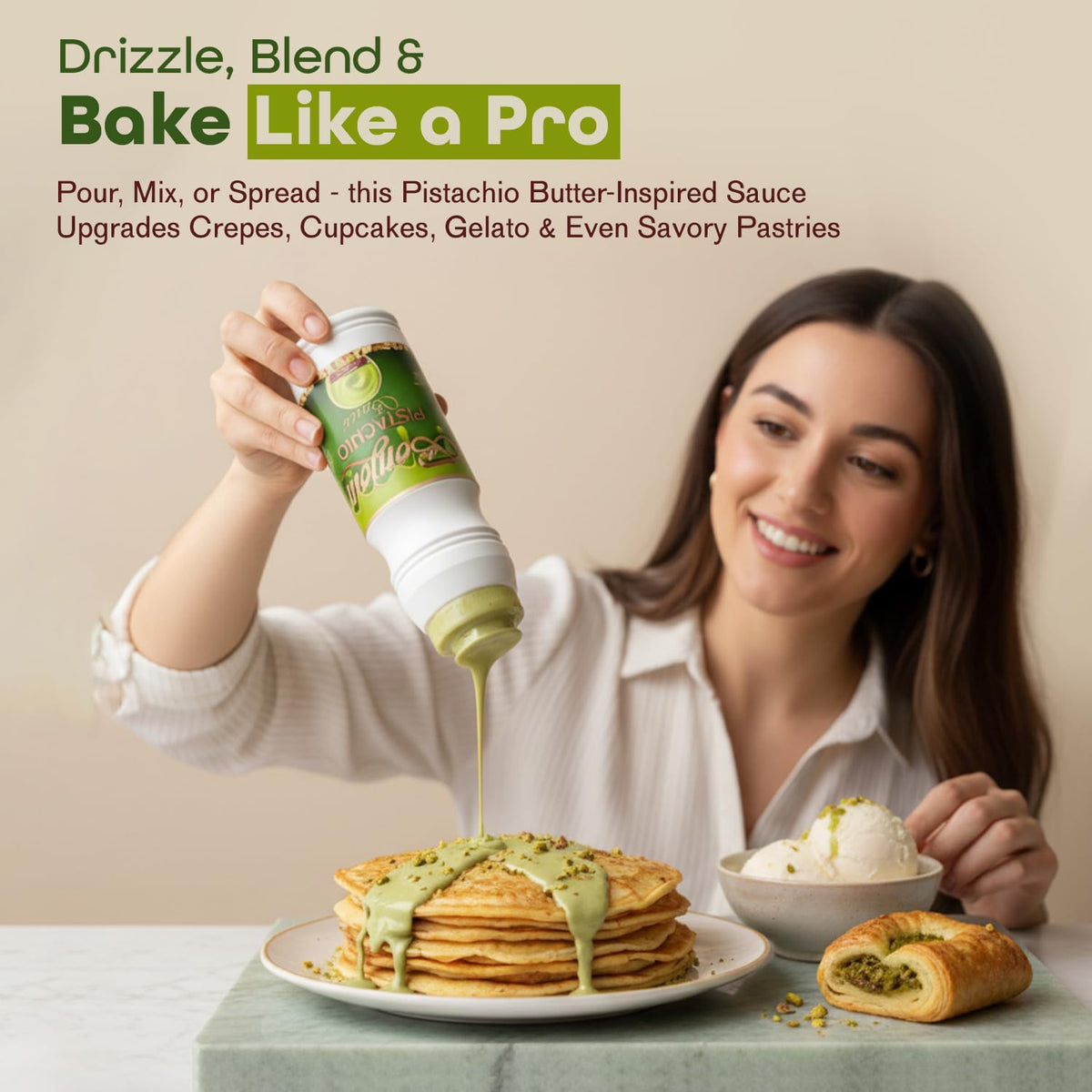Bonjour Pistachio Cream Sauce open jar reveals creamy texture and ready-to-spread convenience.