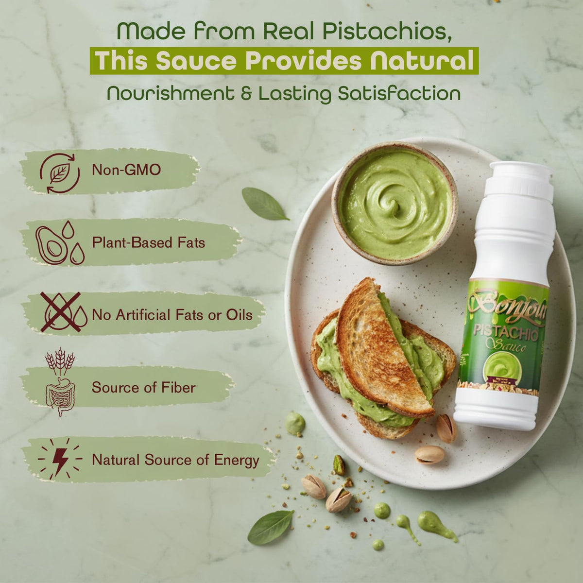 Bonjour Pistachio Cream Sauce spread on a dessert plate for indulgent, café-style finish.