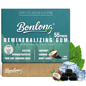 BONLONG Remineralizing Gum packaging in mint highlights 4-in-1 enamel care benefits.
