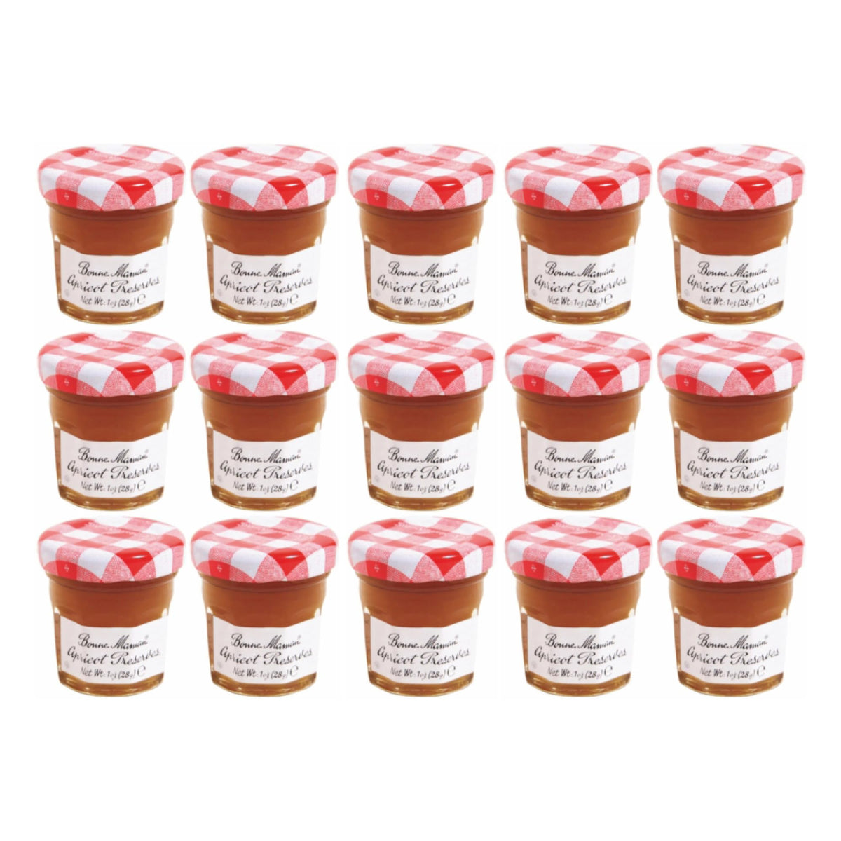Bonne Maman Apricot Preserves 1oz jar with large apricot pieces, ideal for quick servings.
