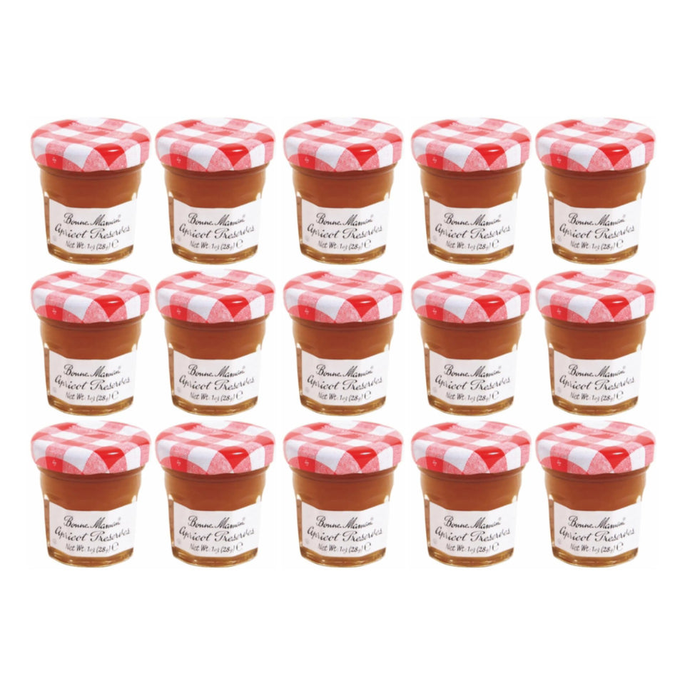 Bonne Maman Apricot Preserves 1oz jar with large apricot pieces, ideal for quick servings.