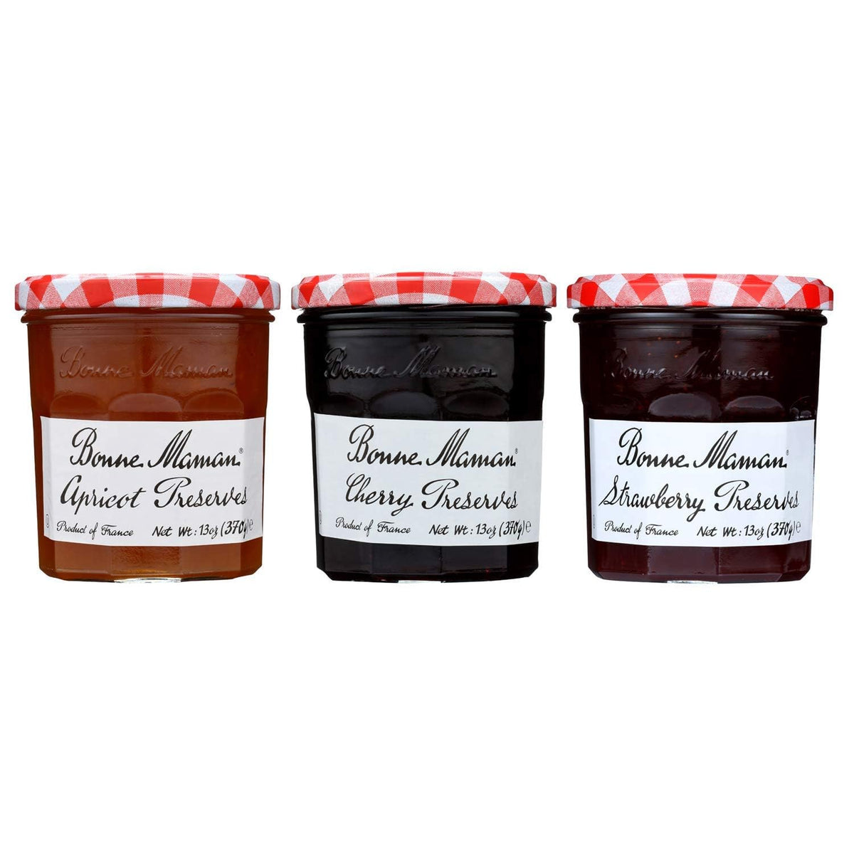 Bonne Maman Apricot Preserves jar showing bright fruit pieces for toast or pastries.