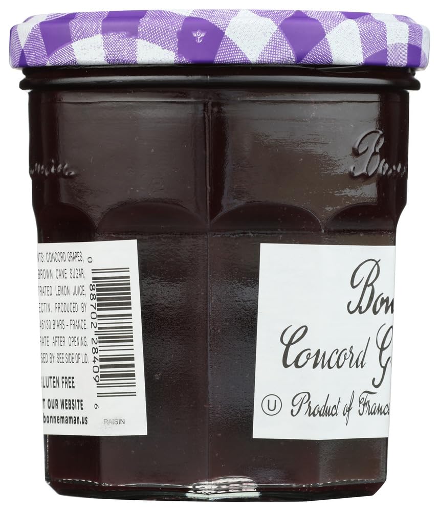 Bonne Maman Concord Grape fruit spread texture close-up, glossy finish.