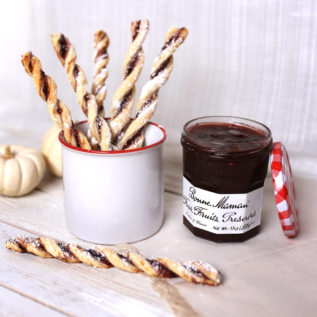 Bonne Maman Four Fruit Preserves six-pack display, easy family breakfast planning.