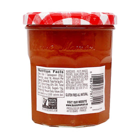 Close-up of the Bonne Maman label on Mango Peach preserves, highlighting simple ingredients