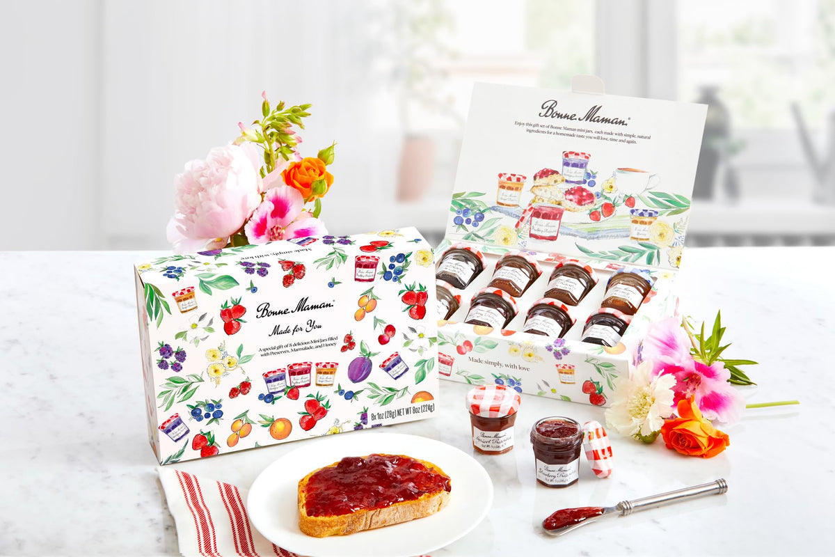 Bonne Maman mini fruit spreads collection and honey for shared breakfasts.
