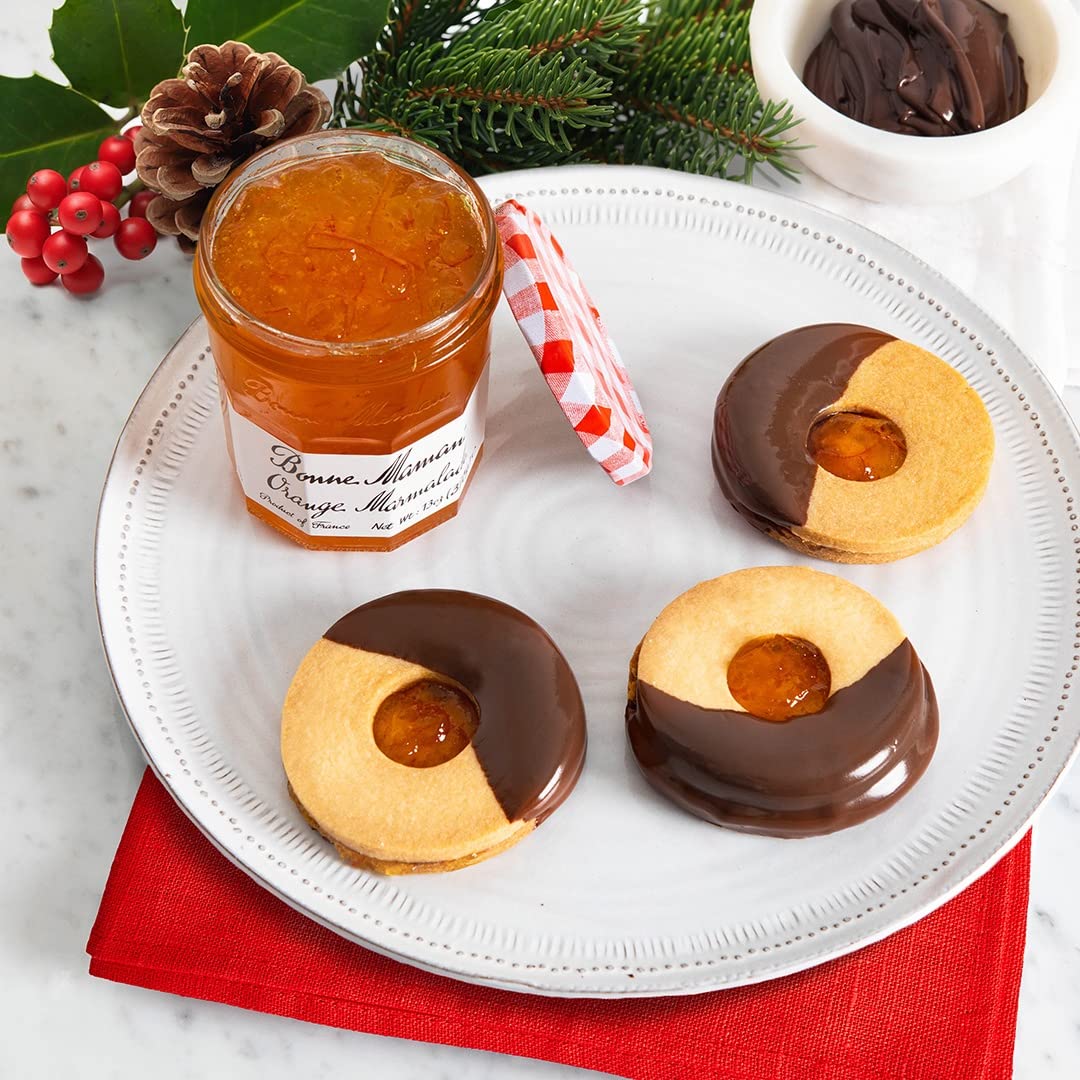 Pantry shot of Bonne Maman orange marmalade, highlighting simple ingredients and non-GMO label.