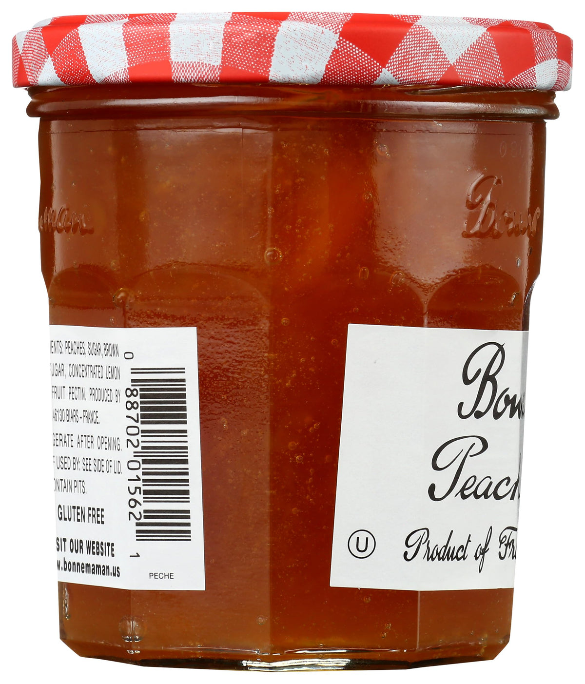 Bonne Maman Peach Preserve ingredients label, natural ingredients for fruit-forward flavor.