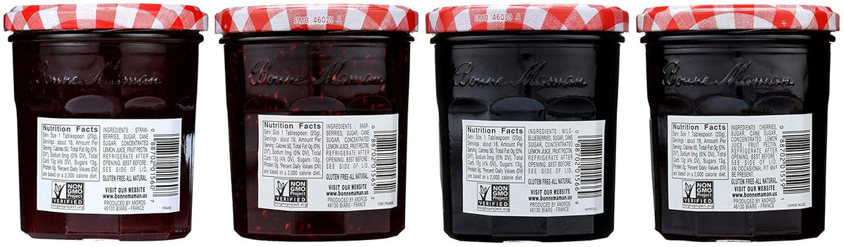 Bonne Maman raspberry jar beside waffles, natural fruit sweetness as a quick topping.