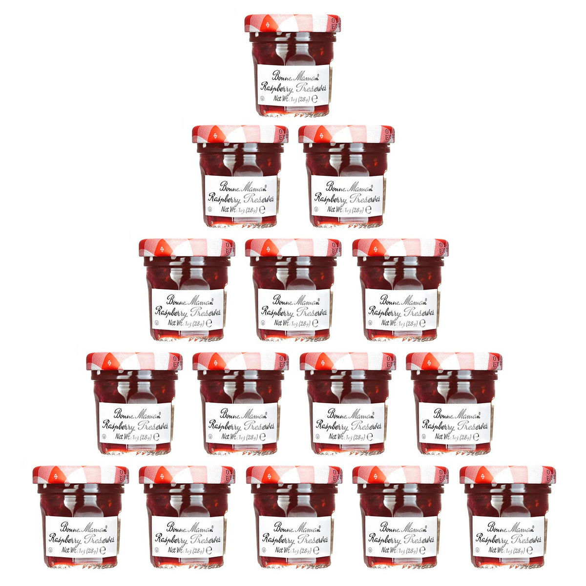 Bonne Maman Raspberry Mix Preserve mini jar label close-up, ideal for quick breakfast topping and gift-worthy pantry staples.