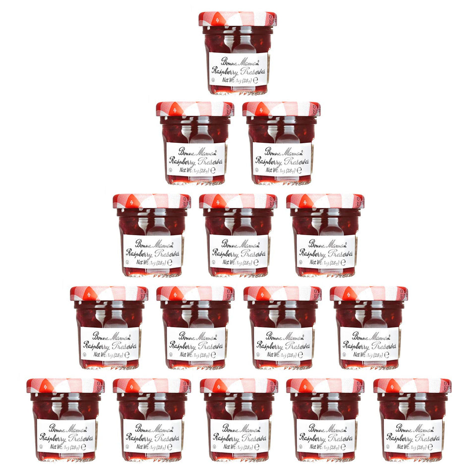 Bonne Maman Raspberry Mix Preserve mini jar label close-up, ideal for quick breakfast topping and gift-worthy pantry staples.