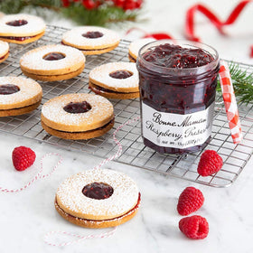 Bonne Maman Raspberry Preserves label and glass jar, premium pantry addition.