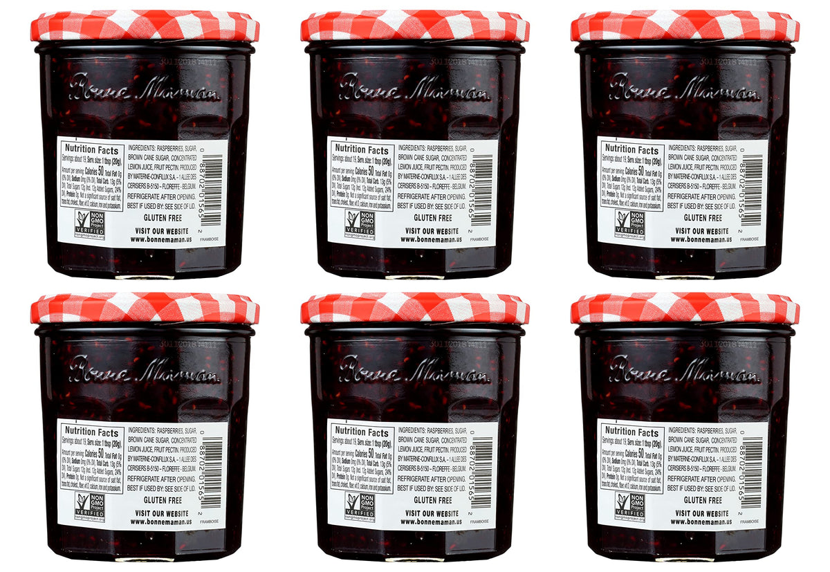 Bonne Maman Raspberry Preserves open jar with spoon, ideal for quick breakfast topping.