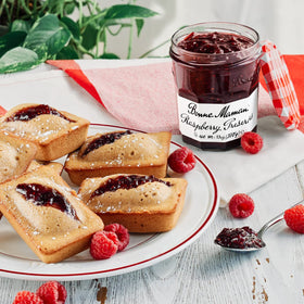 Bonne Maman Raspberry Preserves real fruit pieces visible in every jar, for rustic berry flavor.