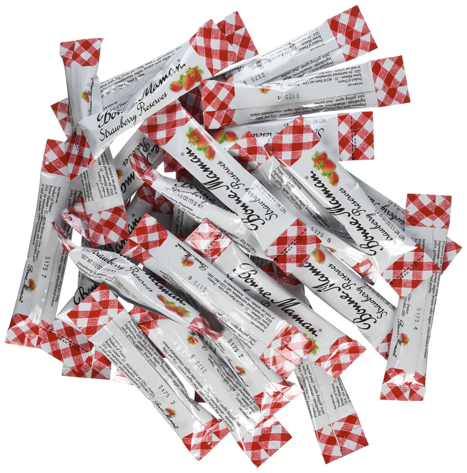 Bonne Maman strawberry preserve packet for on-the-go use, easy to squeeze.
