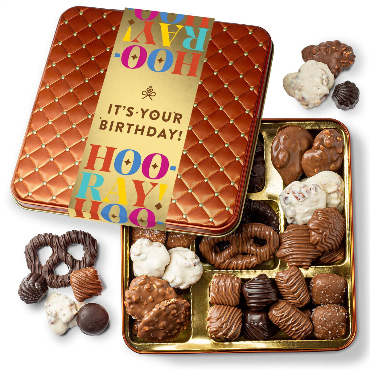 BONNIE AND POP Birthday Gift Box open shows assorted chocolates for celebration.